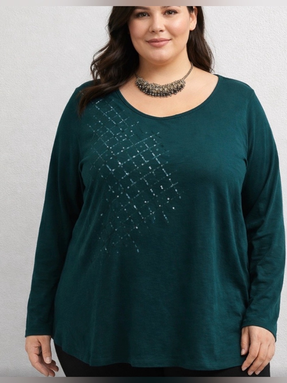 Plus Size  Pennington’s 2X Long Sleeve Tee in Deep Teal with Subtle Sequin Grid